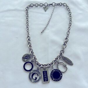 GUESS Signed Y2K Silver Tone Logo Charm Necklace- Black Enamel & Rhinestones